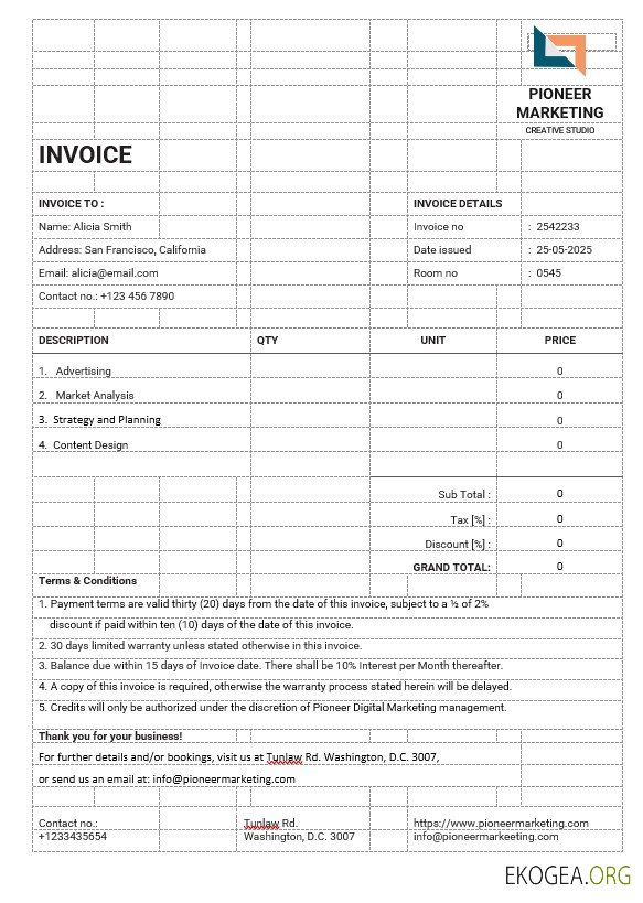 Modèle de facture d'agence de marketing